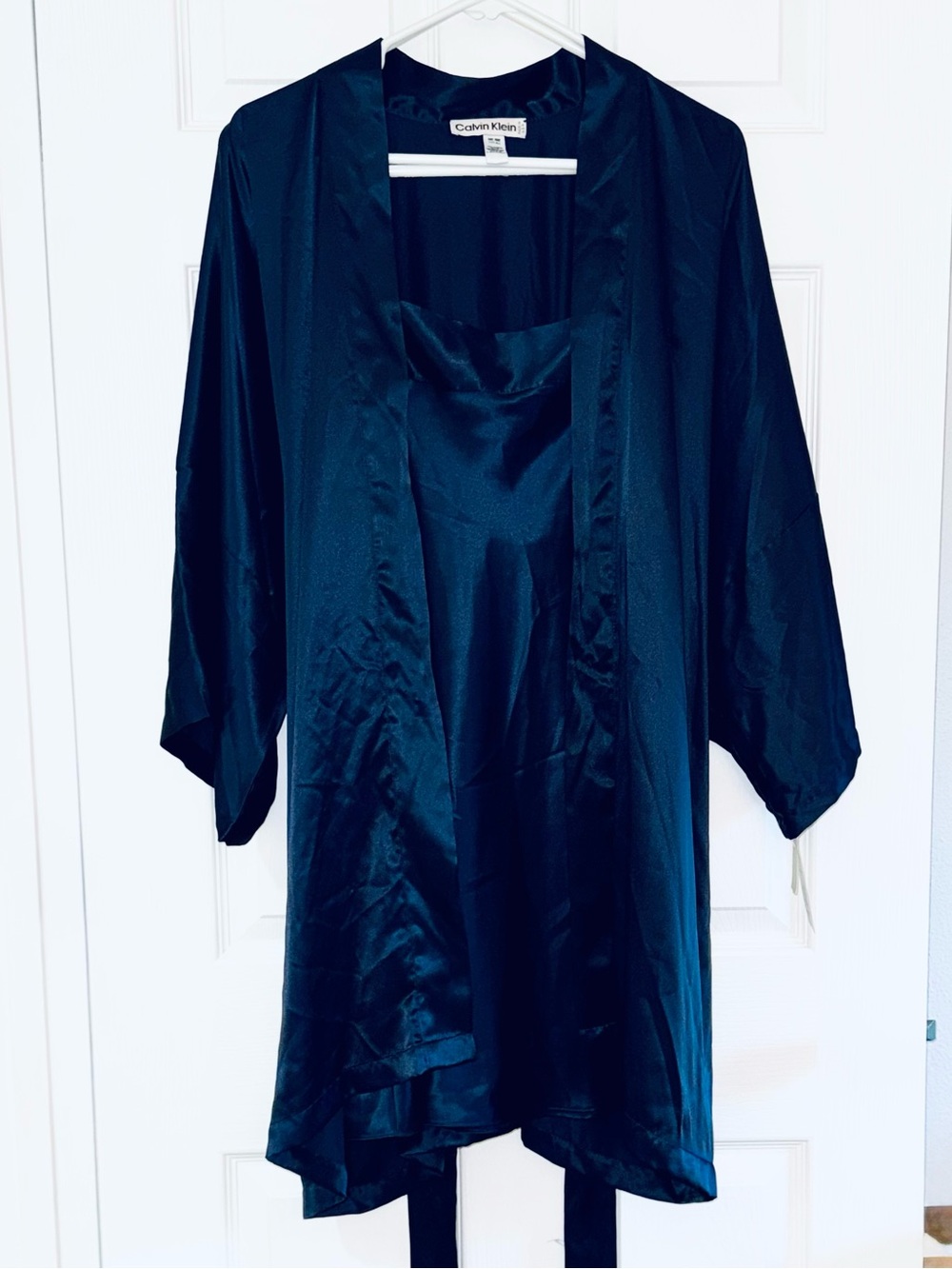 Vintage 1989 Calvin Klein Navy Satin Sleepwear Set NWT Kimono Robe/Nightgown L